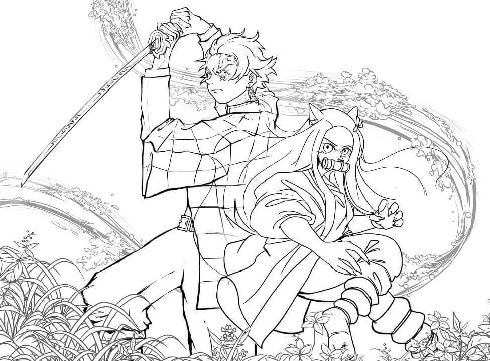 Dibujo de Tanjiro y Nezuko Demon Slayer para Colorear y Imprimir