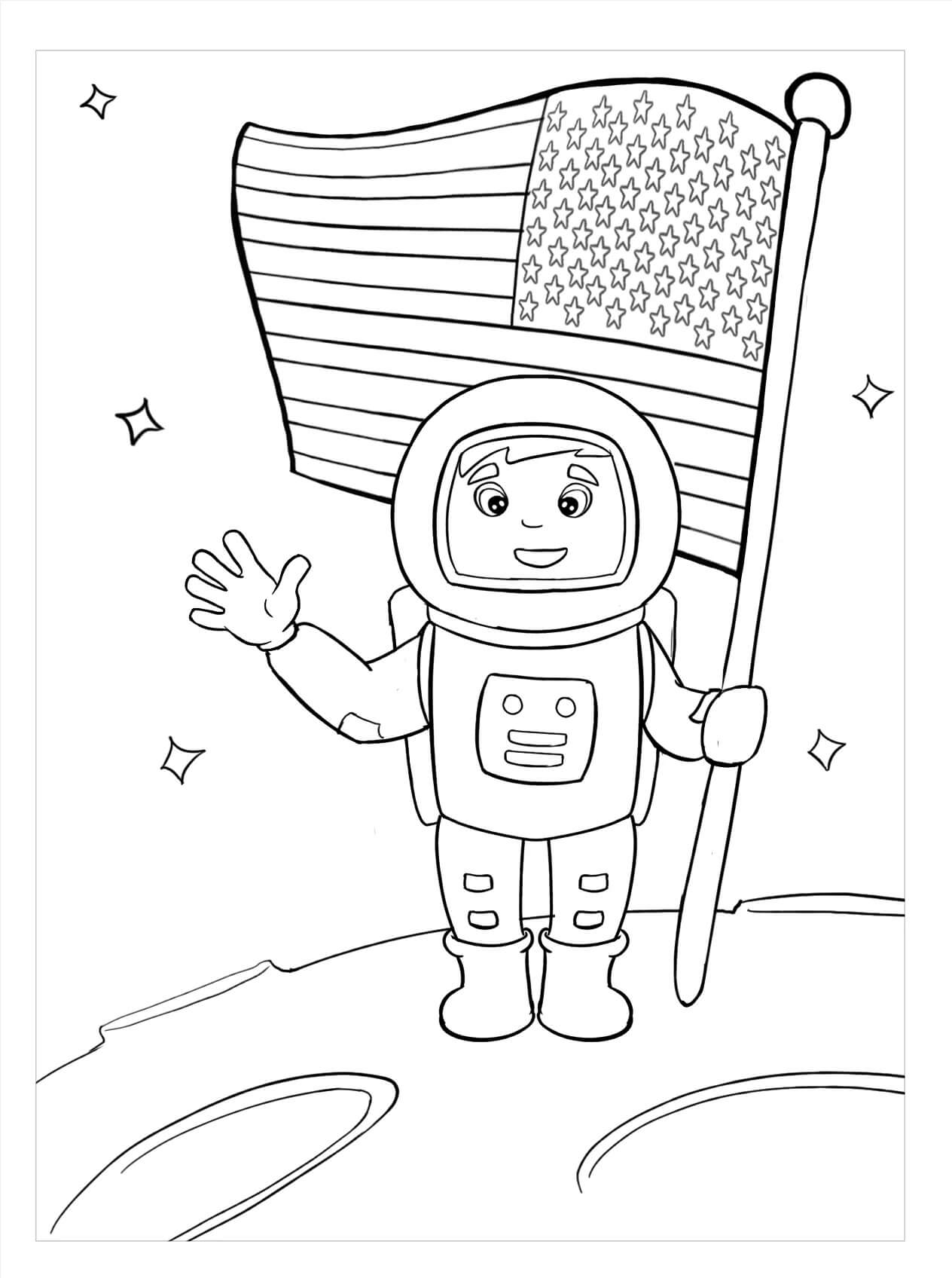 Dibujo de Astronauta Con Bandera Americana para Colorear y Imprimir