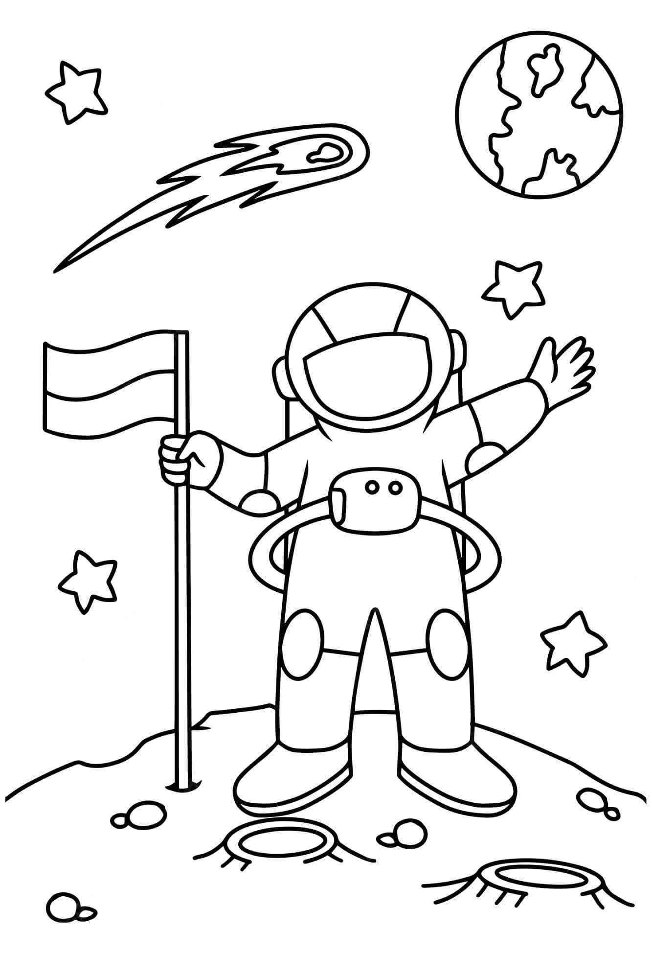 Dibujo de Astronauta Con Bandera En El Planeta para Colorear y Imprimir