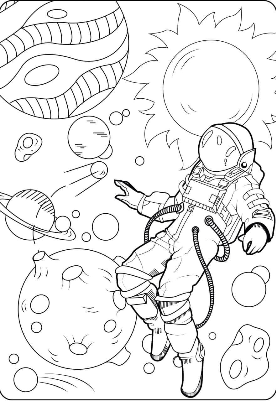 Dibujo de Astronauta Con Planetas para Colorear y Imprimir