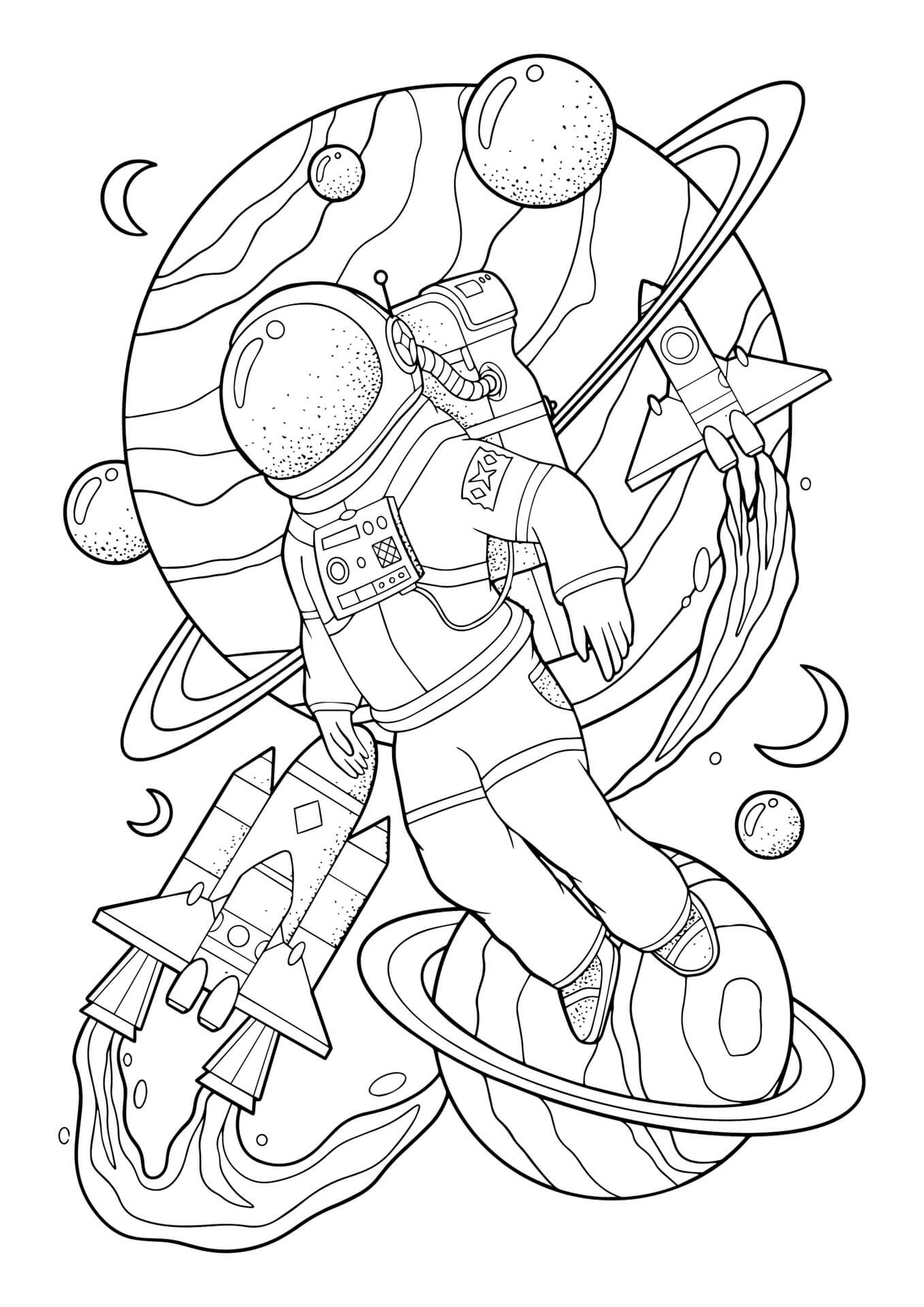 Dibujo de Astronauta Con Planetas y Nave Espacial para Colorear y Imprimir