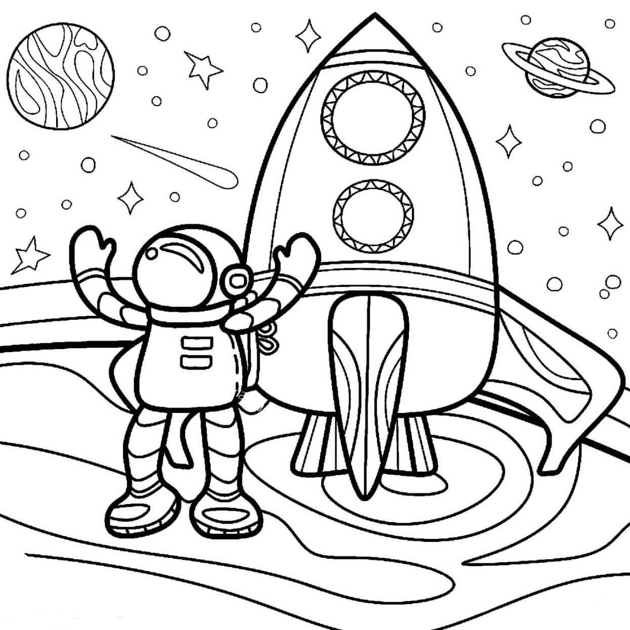 Dibujo de Astronauta de Dibujos Animados Con Cohete para Colorear y Imprimir