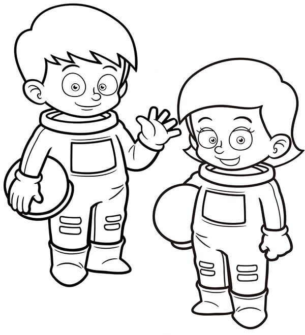 Dibujo de Astronauta de Niña y Niño para Colorear y Imprimir