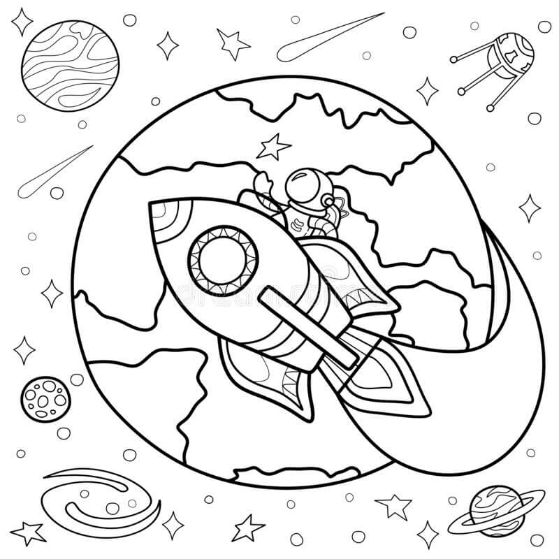 Dibujo de Astronauta En La Nave Espacial Exterior de La Tierra para Colorear y Imprimir