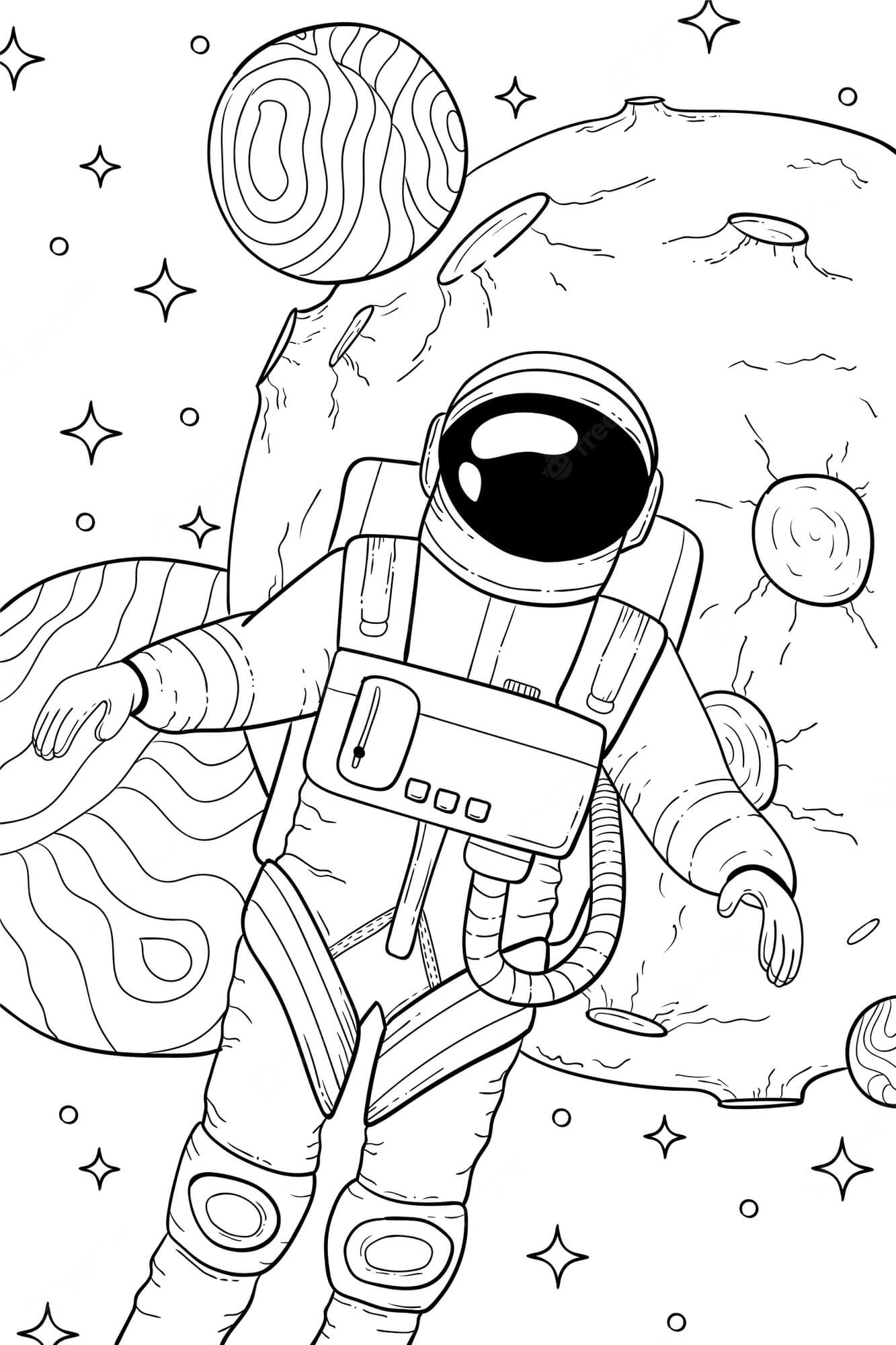 Dibujo de Astronauta Genial Con Planetas para Colorear y Imprimir