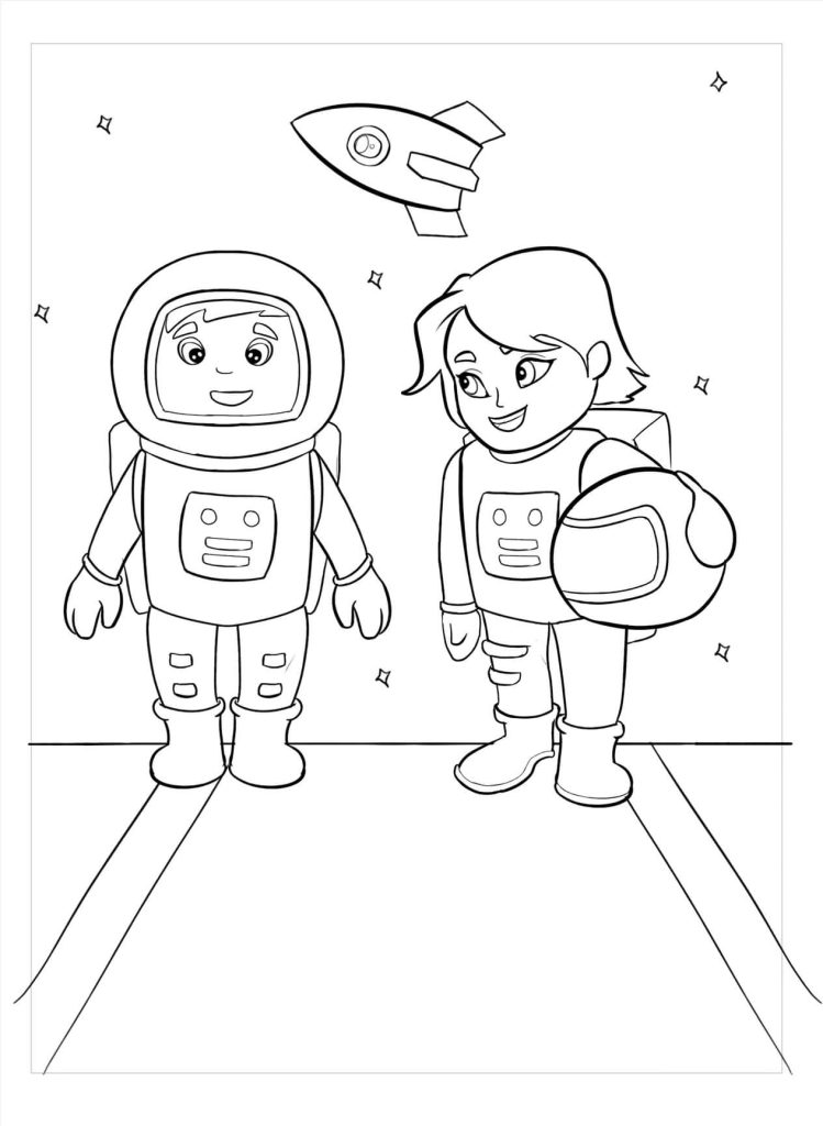 Dibujo de dos Astronautas En El Espacio para Colorear y Imprimir
