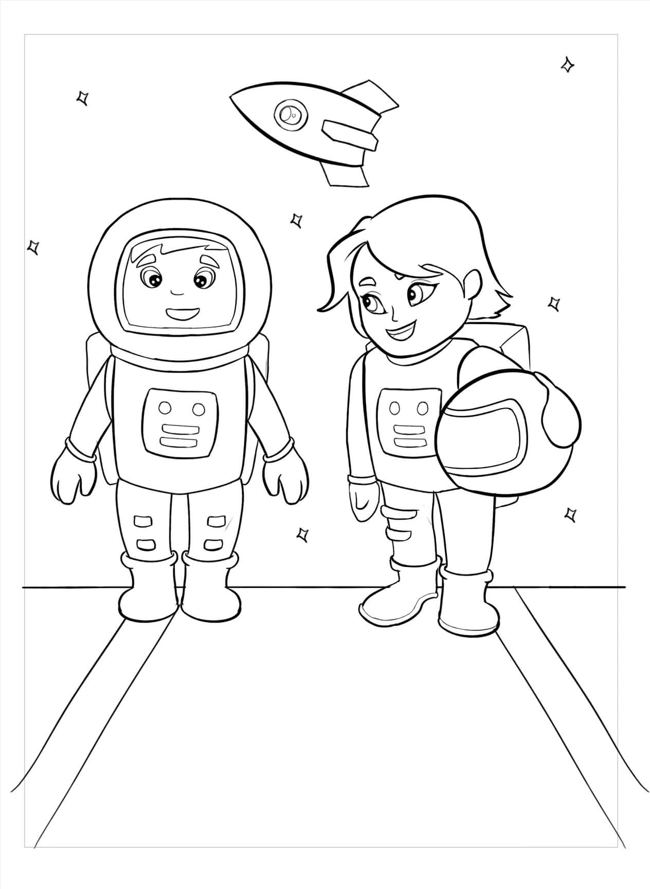 Dibujo de dos Astronautas En El Espacio para Colorear y Imprimir