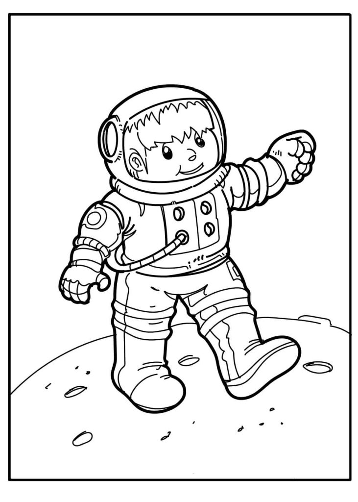Dibujo de Niño Astronauta Sonriente Planeta Exterior para Colorear y Imprimir