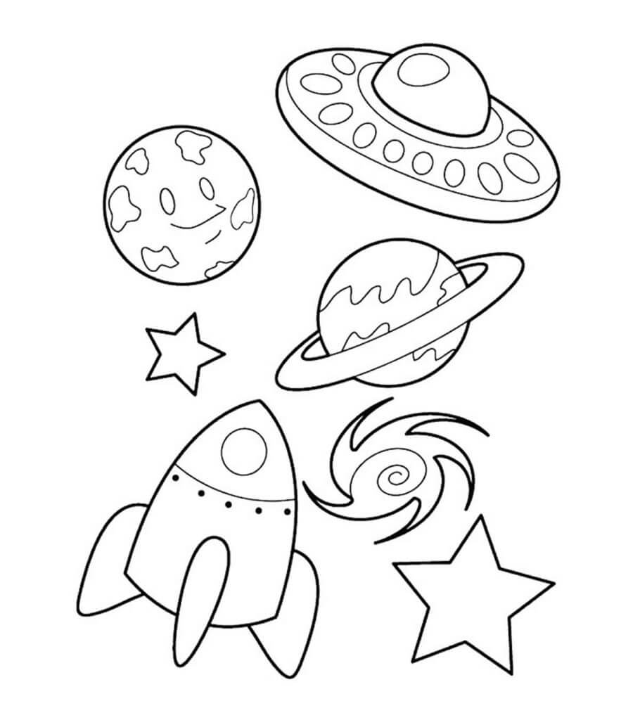 Dibujo de Nave Espacial Simples y Planetas para Colorear y Imprimir