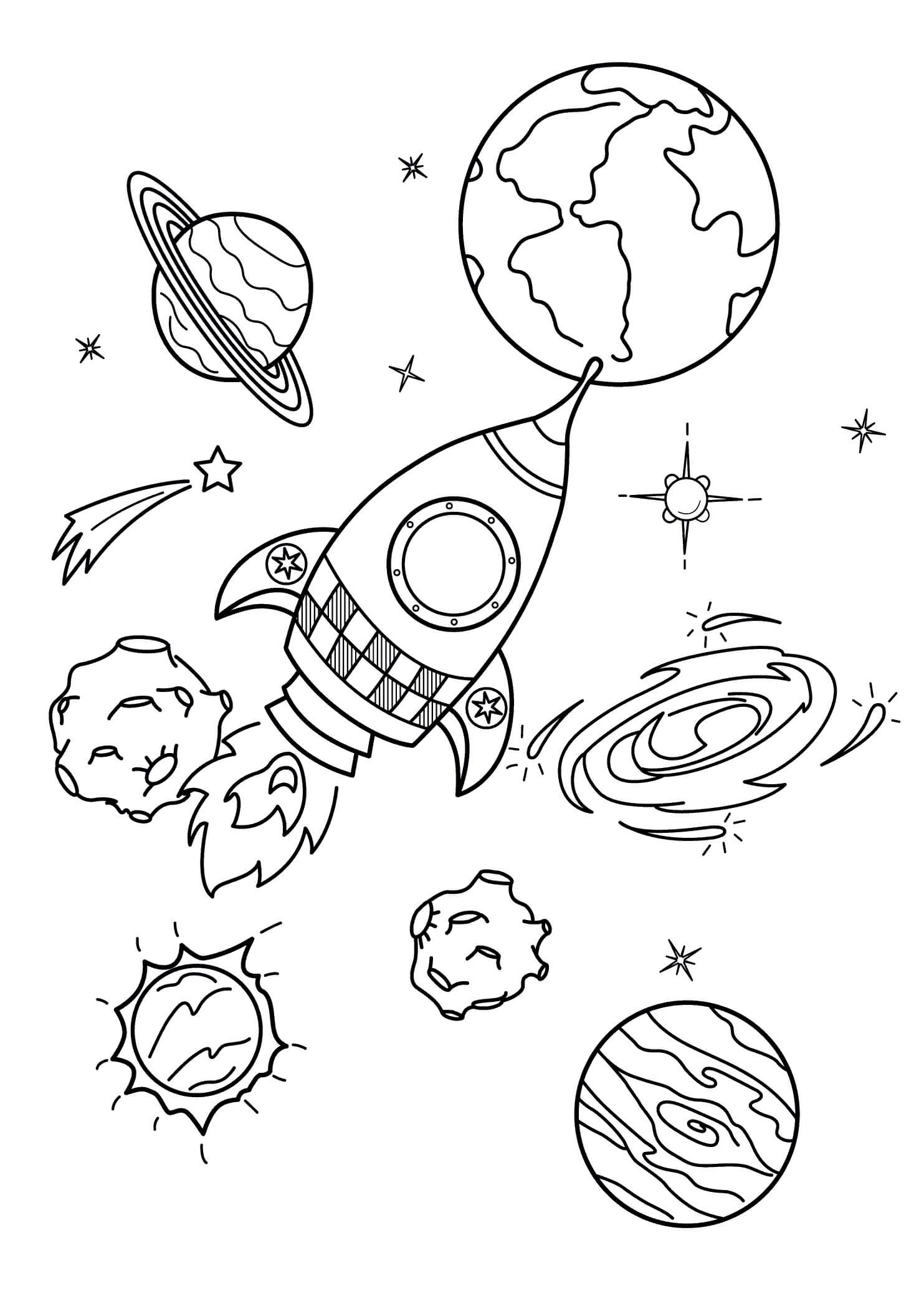 Dibujo de Nave Espacial y Planetas para Colorear y Imprimir