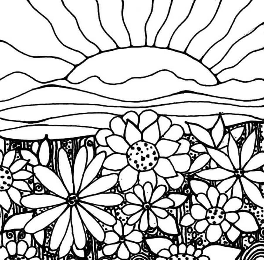 Dibujo de Flores y Puesta de Sol para Colorear y Imprimir