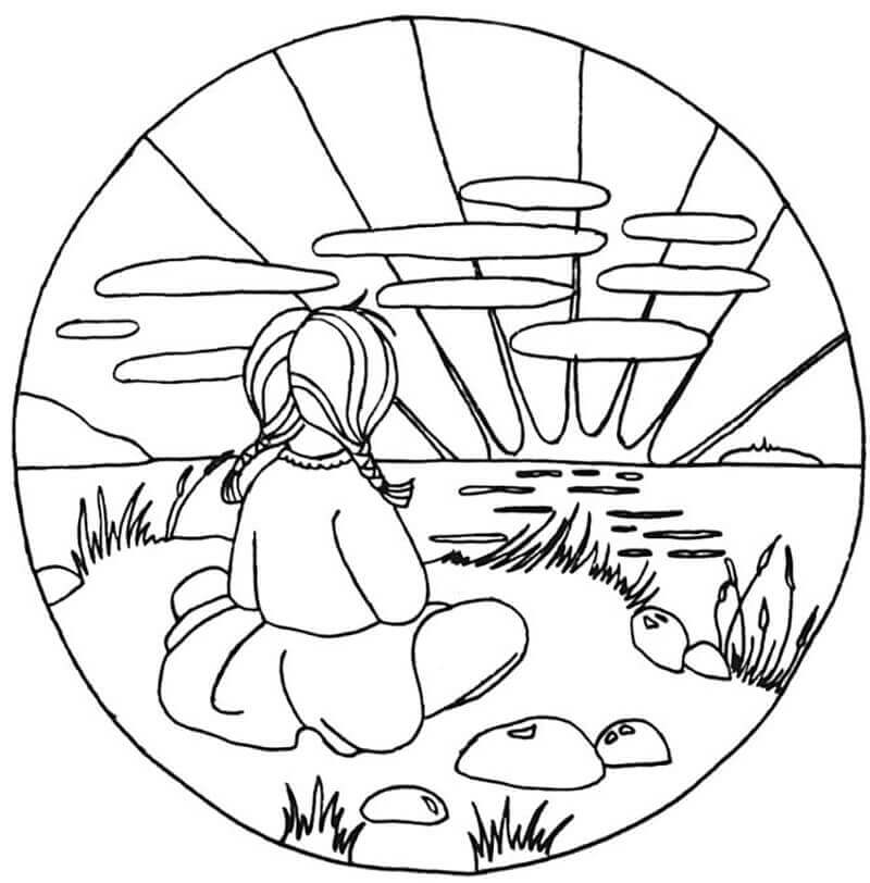 Dibujo de Niña En La Puesta de Sol para Colorear y Imprimir