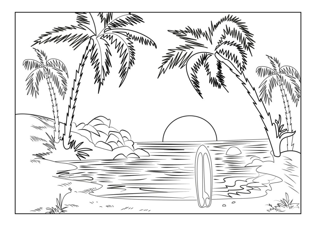 Dibujo de Paisaje Al Atardecer para Colorear y Imprimir