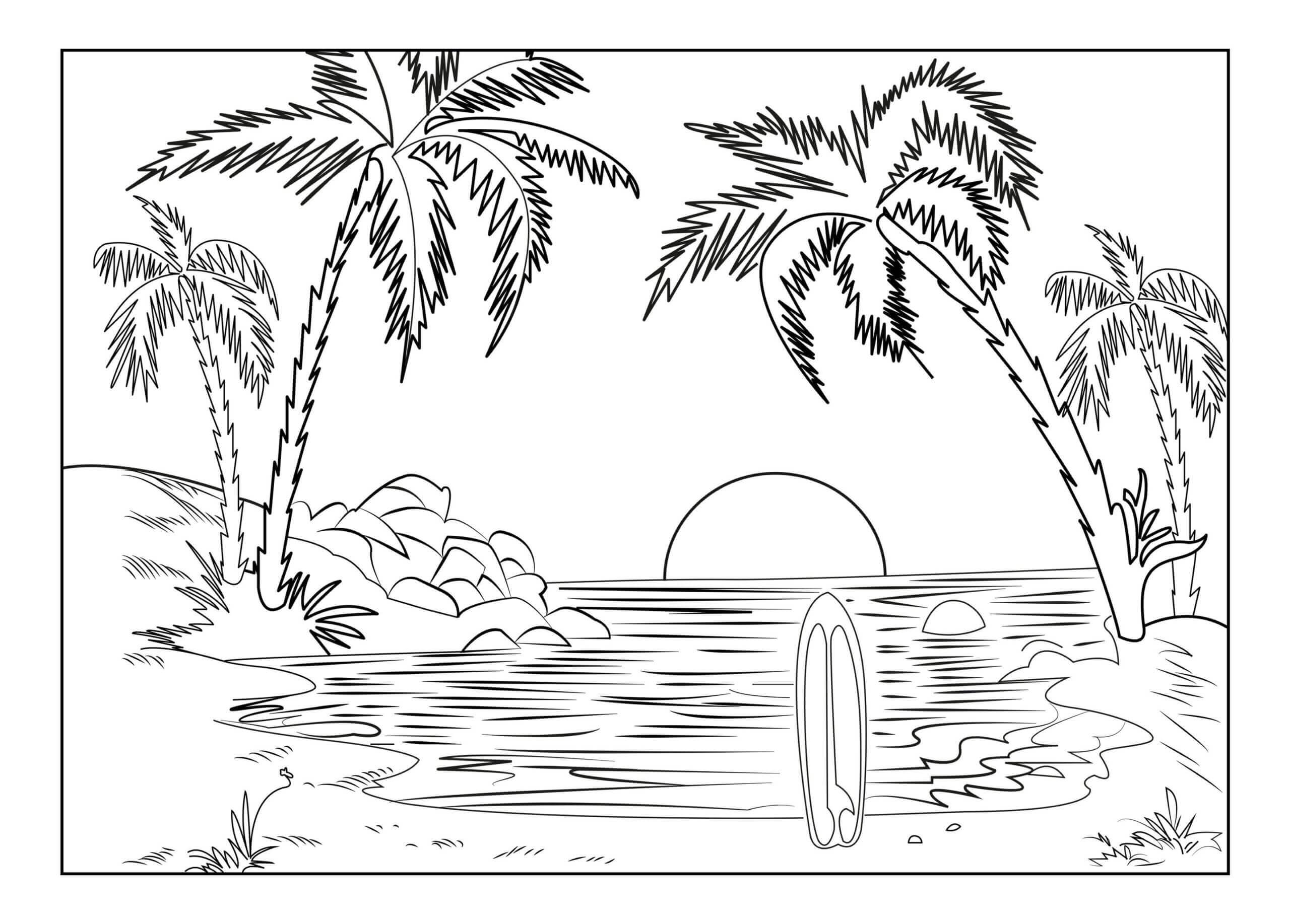Dibujo de Paisaje Al Atardecer para Colorear y Imprimir