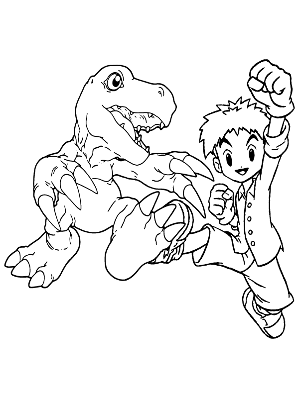 Dibujo de Pagina para Colorear de Agumon y Izzy de Digimon para Colorear y Imprimir