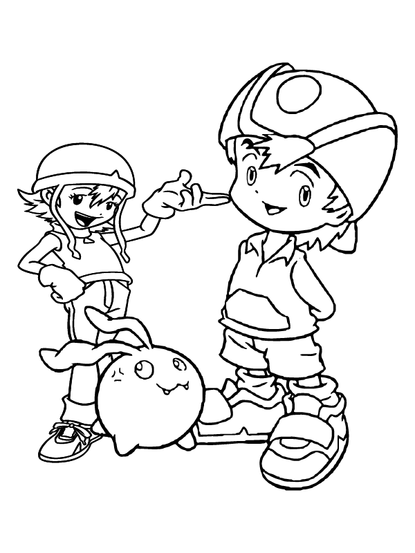 Dibujo de Pagina para Colorear de Takeru y Sora En Digimon Adventure para Colorear y Imprimir