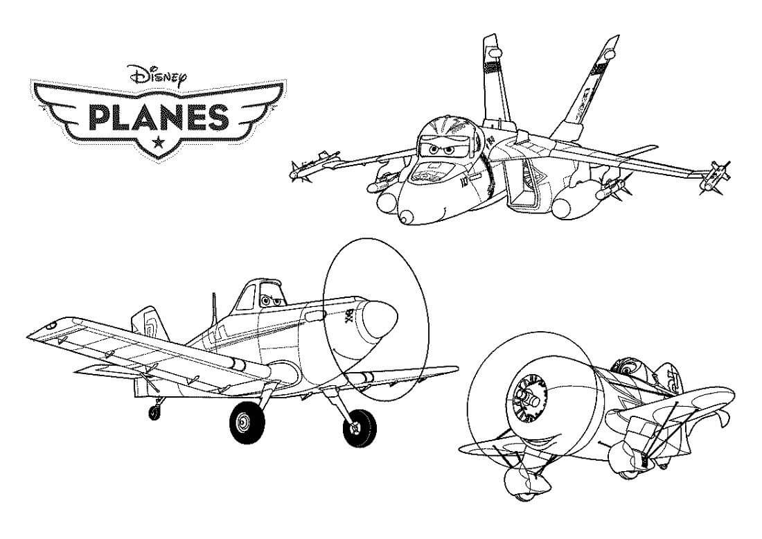 Dibujo de Tres Aviones de Disney para Colorear y Imprimir