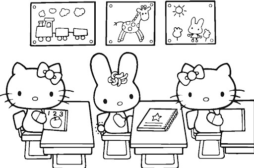 Dibujo de Hola Gatito y Amigos de Regreso a La Escuela para Colorear y Imprimir