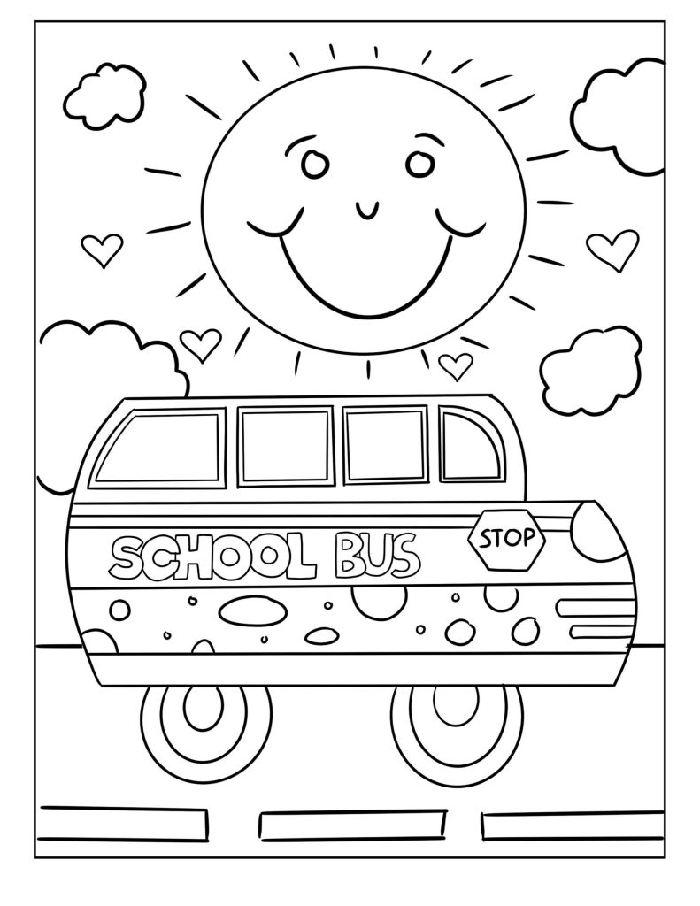 Dibujo de Lindo Autobús Escolar de Bienvenida de Regreso a La Escuela Scaled para Colorear y Imprimir