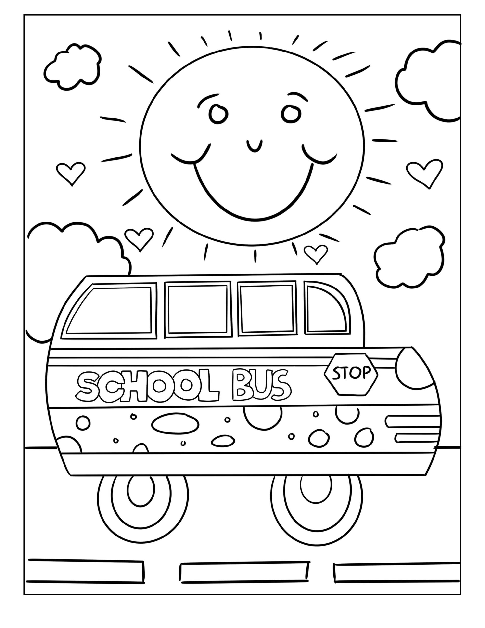 Dibujo de Lindo Autobús Escolar de Bienvenida de Regreso a La Escuela Scaled para Colorear y Imprimir