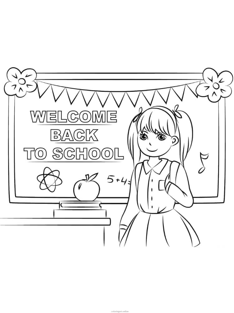 Dibujo de Niña de Bienvenida de Regreso a La Escuela para Colorear y Imprimir
