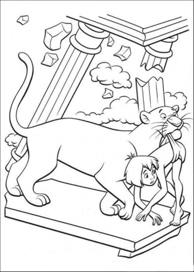 Dibujo de Bagheera Ayuda a Mowgli para Colorear y Imprimir