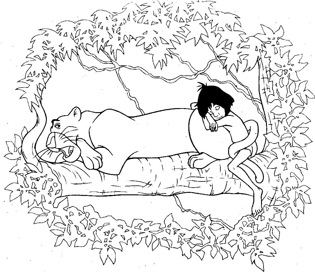 Dibujo de Bagheera y Mowgli Durmiendo para Colorear y Imprimir