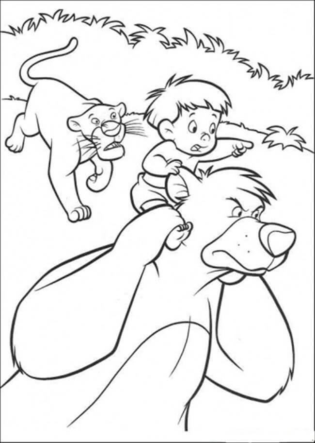 Dibujo de Baloo Bagheera y Un Niño Está Corriendo para Colorear y Imprimir