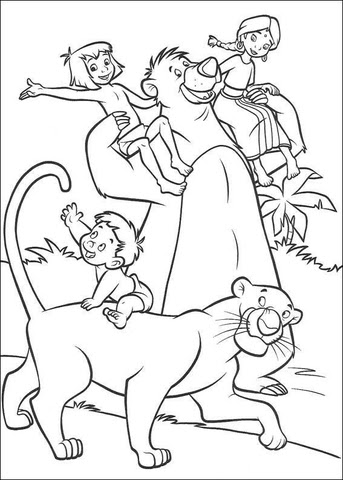Dibujo de La Familia India Mowgli Baloo y Bagheera para Colorear y Imprimir