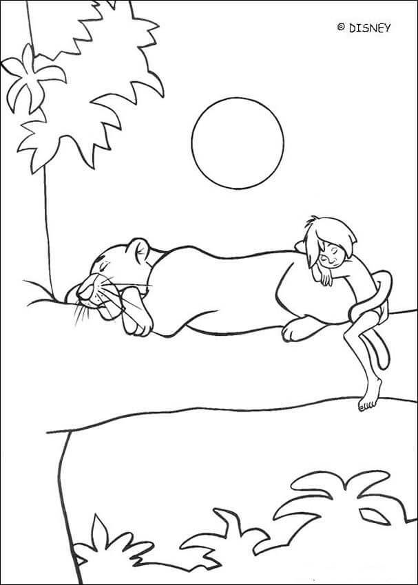 Dibujo de Mowgli Con Bagheera Durmiendo para Colorear y Imprimir