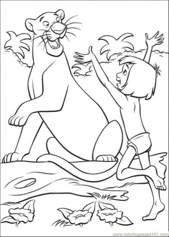 Dibujo de Mowgli Con Bagheera para Colorear y Imprimir