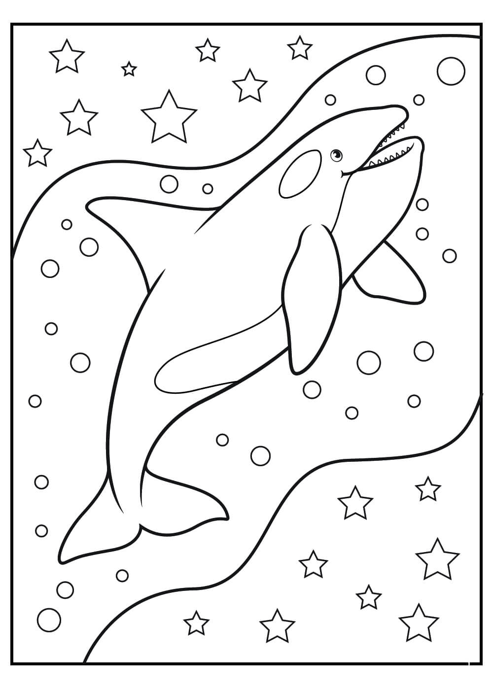 dibujo ballena divertida con tres peces para colorear
