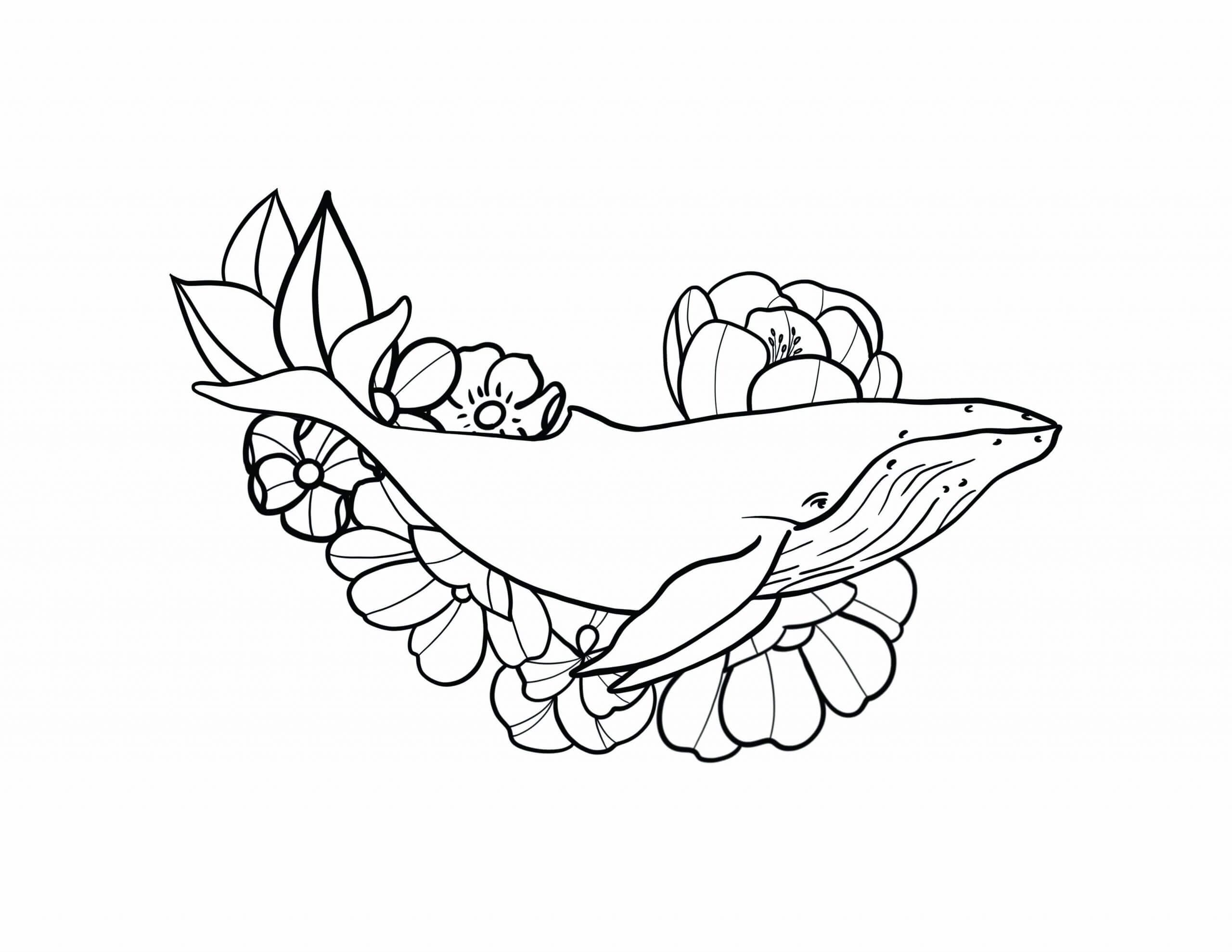 Dibujo de Ballena Con Flores para Colorear y Imprimir