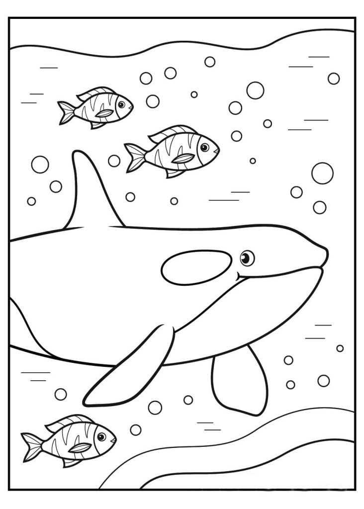 Dibujo de Retrato de Ballena y Peces para Colorear y Imprimir