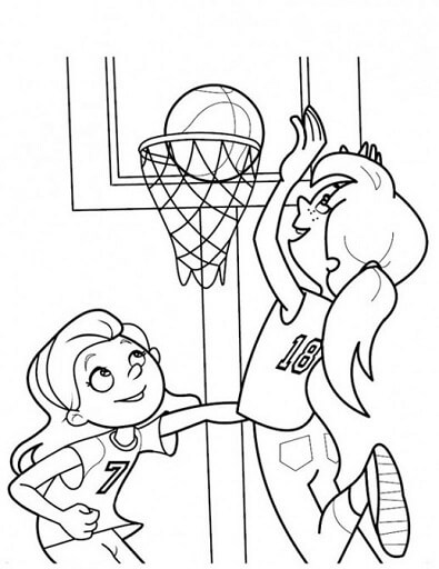 Dibujo de dos Niñas Jugando Baloncesto para Colorear y Imprimir