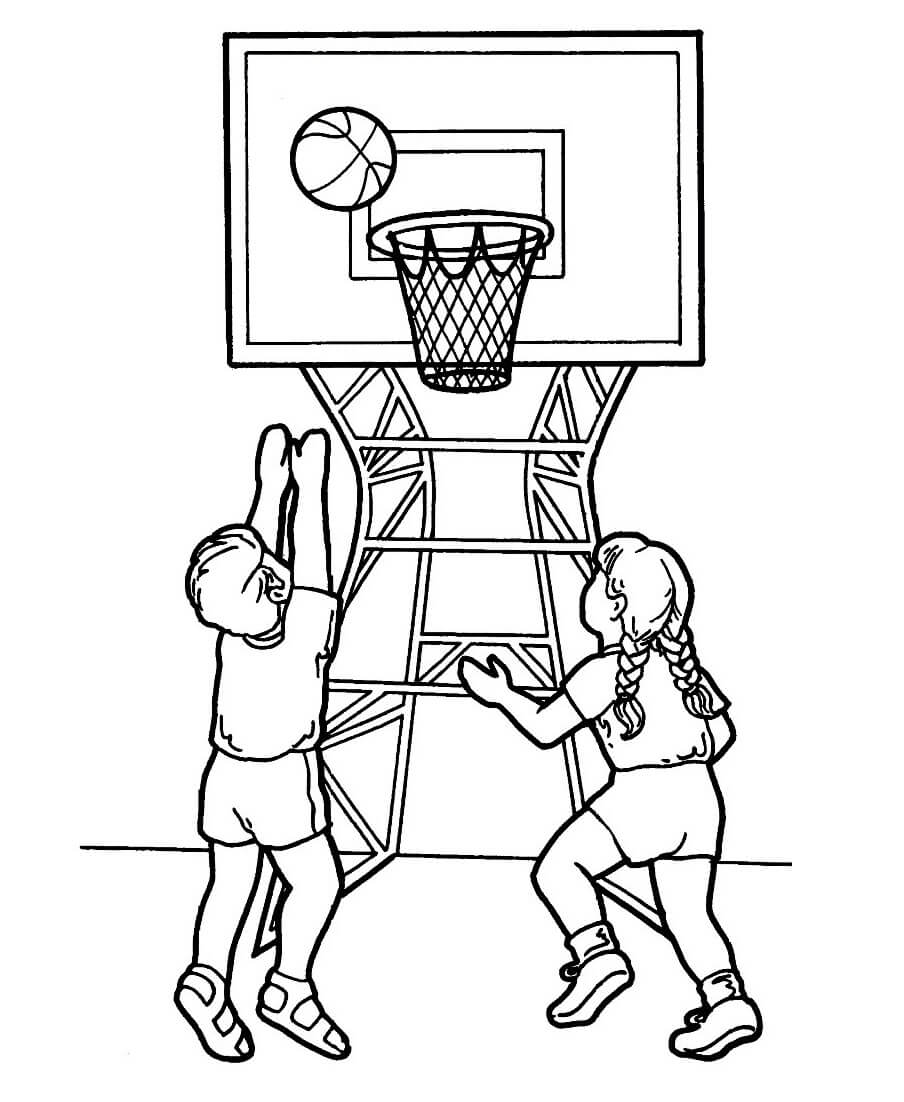 Dibujo de dos Niños Jugando Al Baloncesto para Colorear y Imprimir