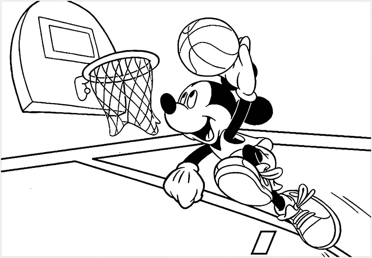 Dibujo de Mickey Salta Mientras Juega Baloncesto para Colorear y Imprimir