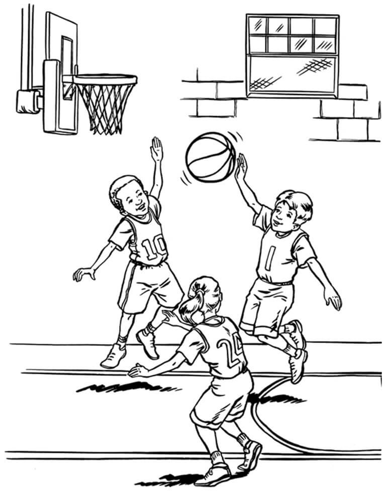 Dibujo de Tres Niños Jugando Baloncesto para Colorear y Imprimir