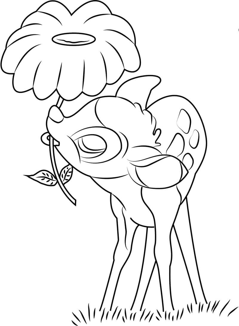 Dibujo de Bambi Roendo Flor para Colorear y Imprimir