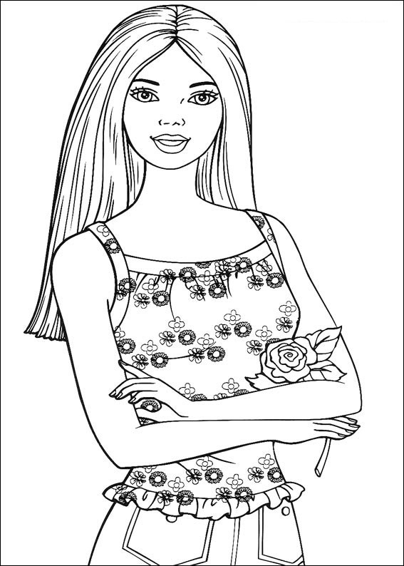 Dibujo de Barbie Con Rosa para Colorear y Imprimir