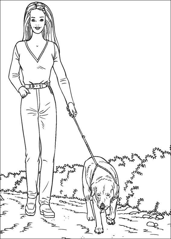 Dibujo de Barbie Saca a Pasear Al Perro para Colorear y Imprimir