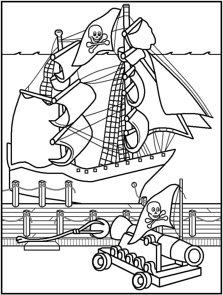 Dibujo de Barco Pirata Con Gran Cañón para Colorear y Imprimir