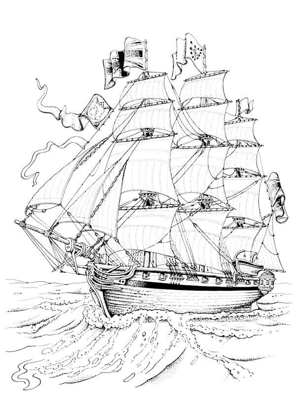 Dibujo de Barco Pirata Con Muchas Velas para Colorear y Imprimir
