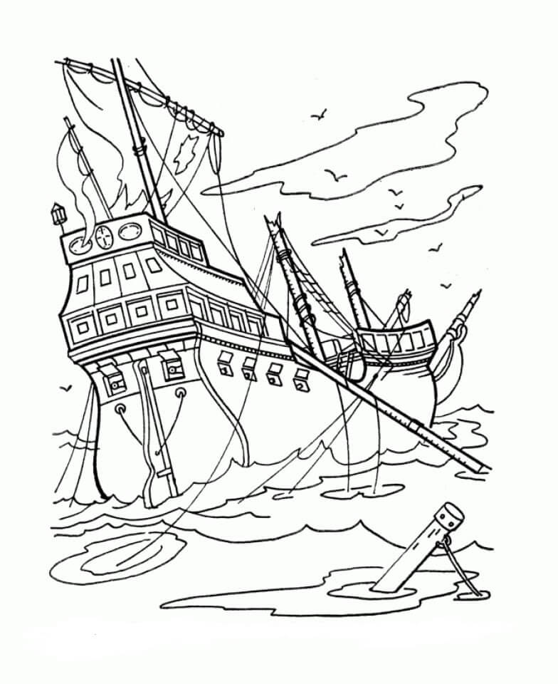 Dibujo de Barco Pirata Destrozado para Colorear y Imprimir