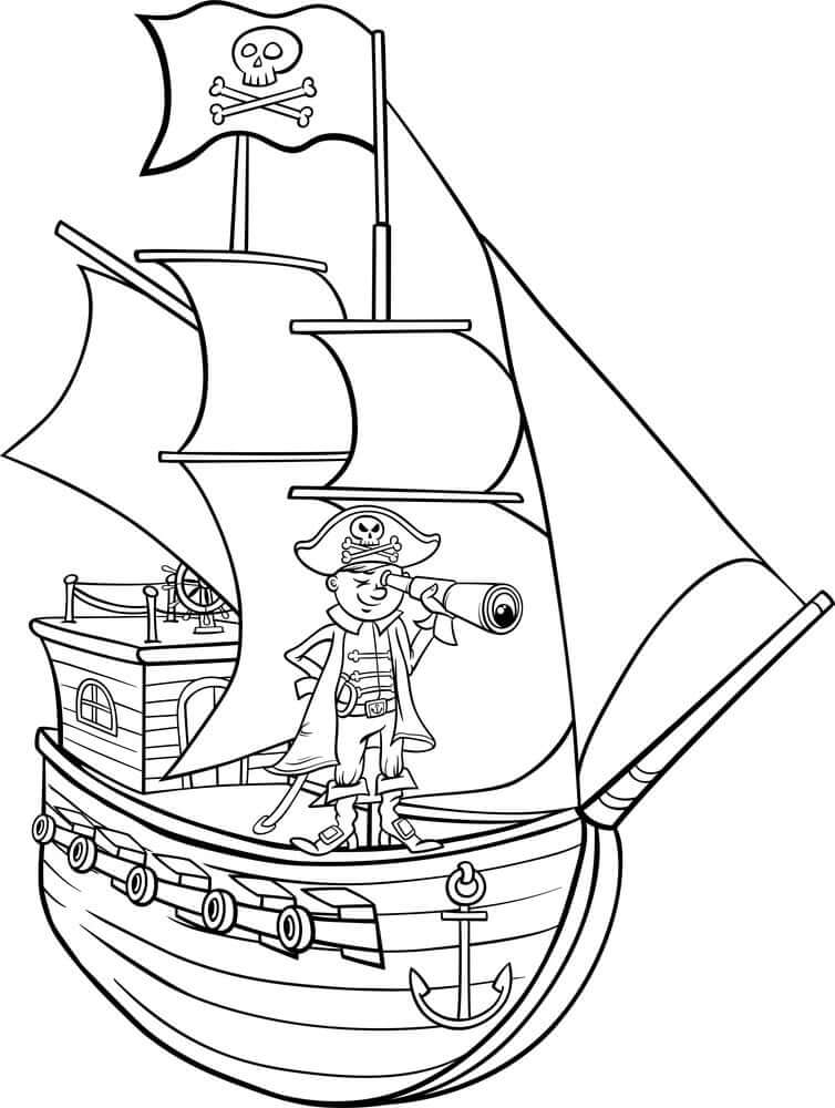 Dibujo de Pirata Con Barco Pirata para Colorear y Imprimir