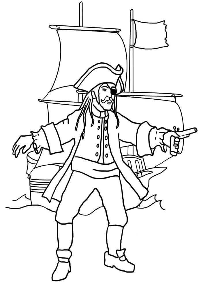 Dibujo de Pirata y Barco Pirata para Colorear y Imprimir