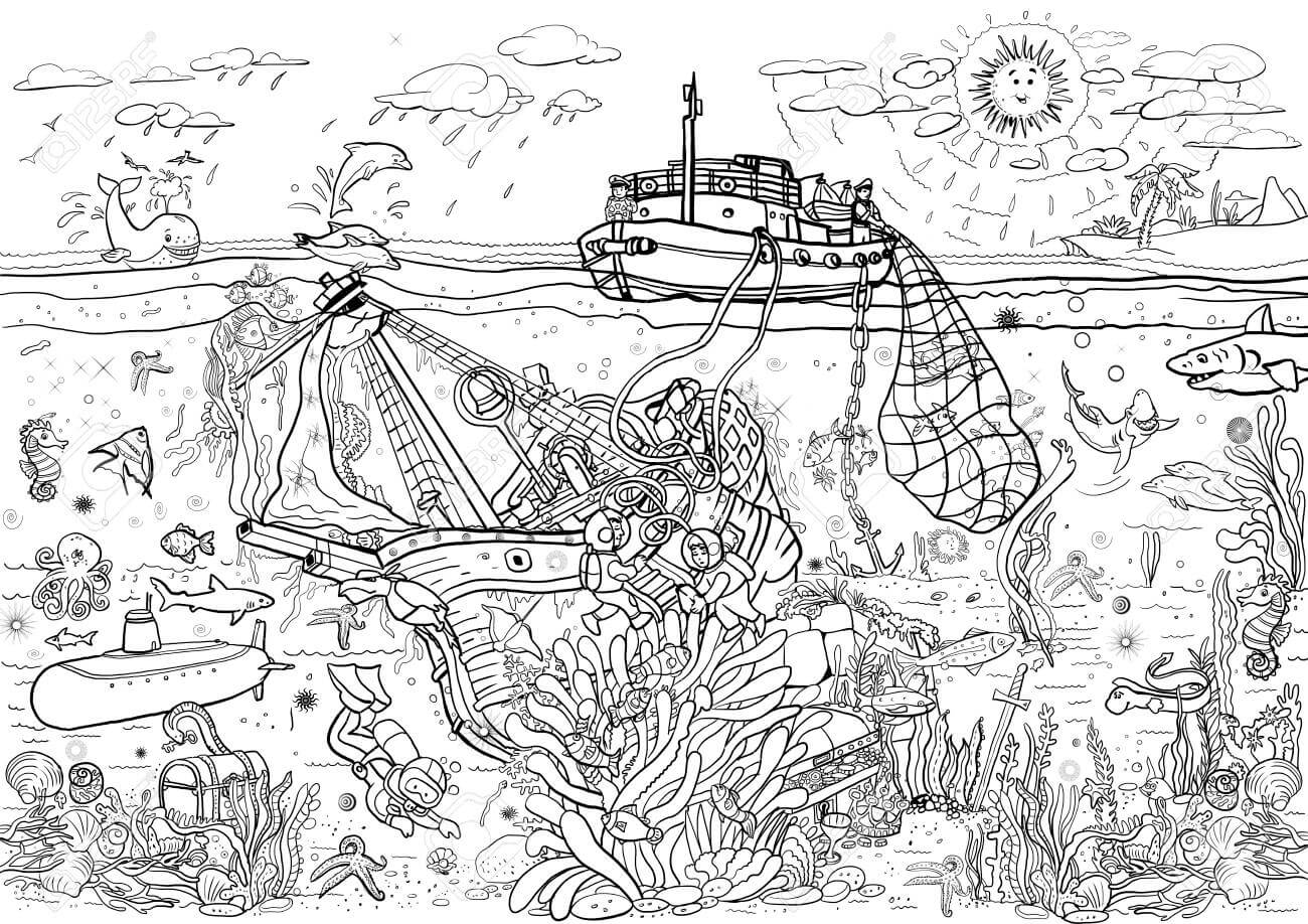 dibujo barco en el mar imprimir y colorear
