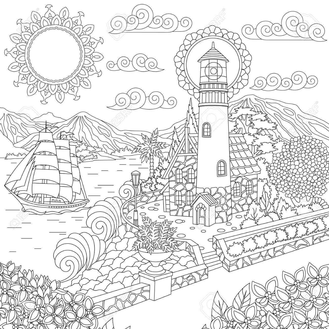 dibujo faro en la orilla del mar y velero imprimir y colorear