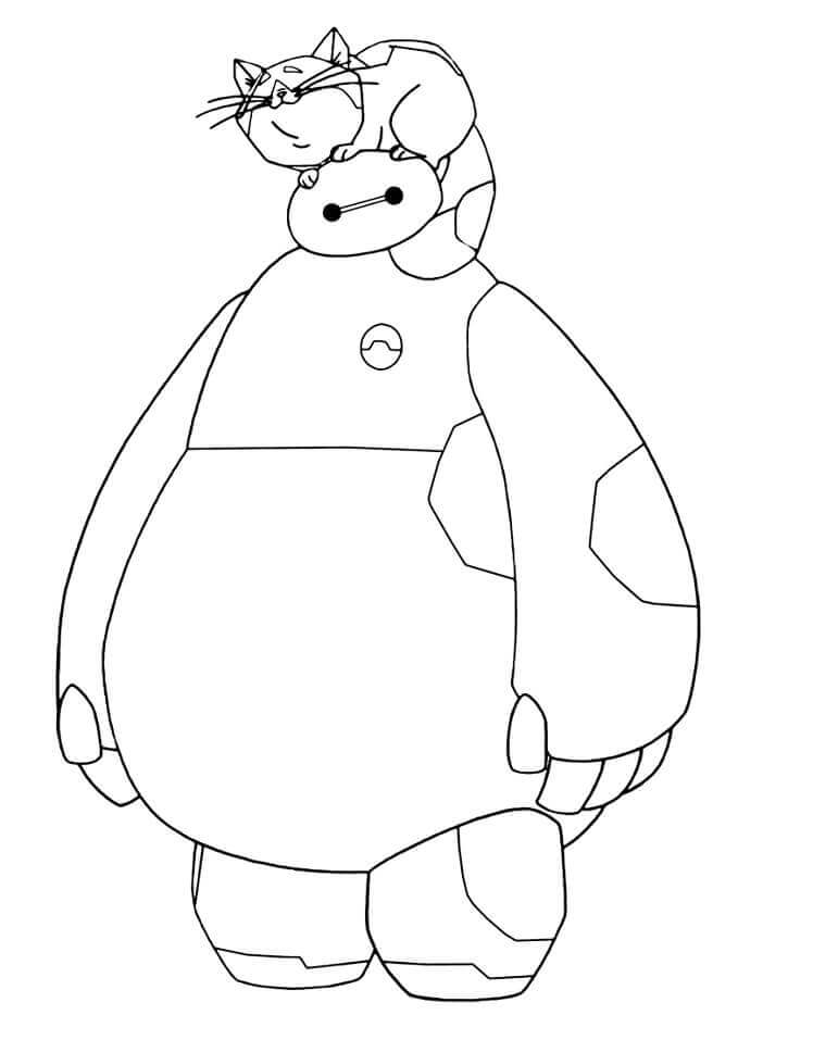 Dibujo de Baymax y Gato para Colorear y Imprimir