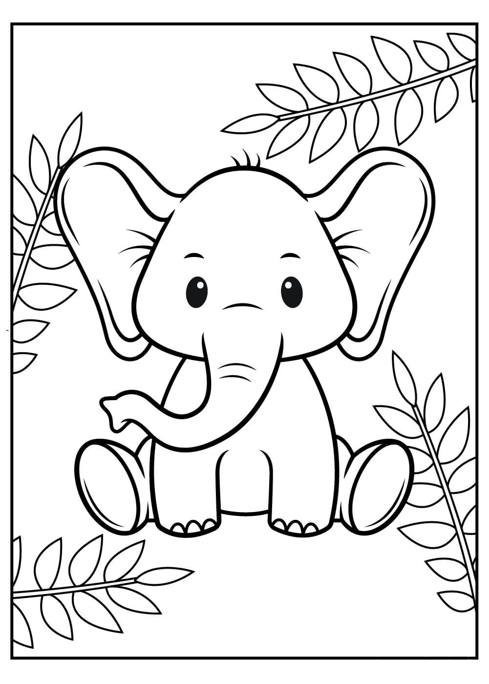 Dibujo de Bebé Elefante Con Hojas para Colorear y Imprimir